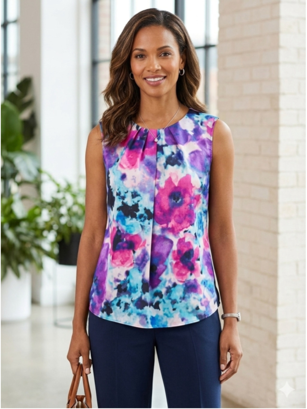 Jones New York Watercolor Floral Sleeveless Blouse Pleated Tank Top Chiffon 1416